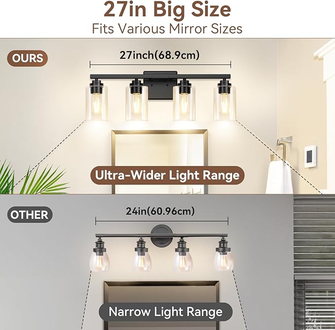 VerRon Black 4 Lights Bathroom Light Fixtures Over Mirror 27 Inches