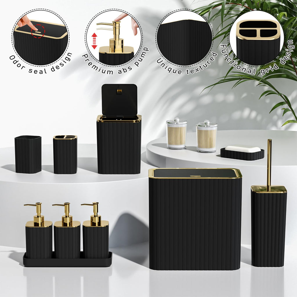 InnJoey Bathroom Accessory Set - Bathroom Set, 12PC Bathroom Accessories Set, Black Bathroom Accessories Set, Mini Trash Can, Toilet Brush, Trash Can & Soap Dispenser