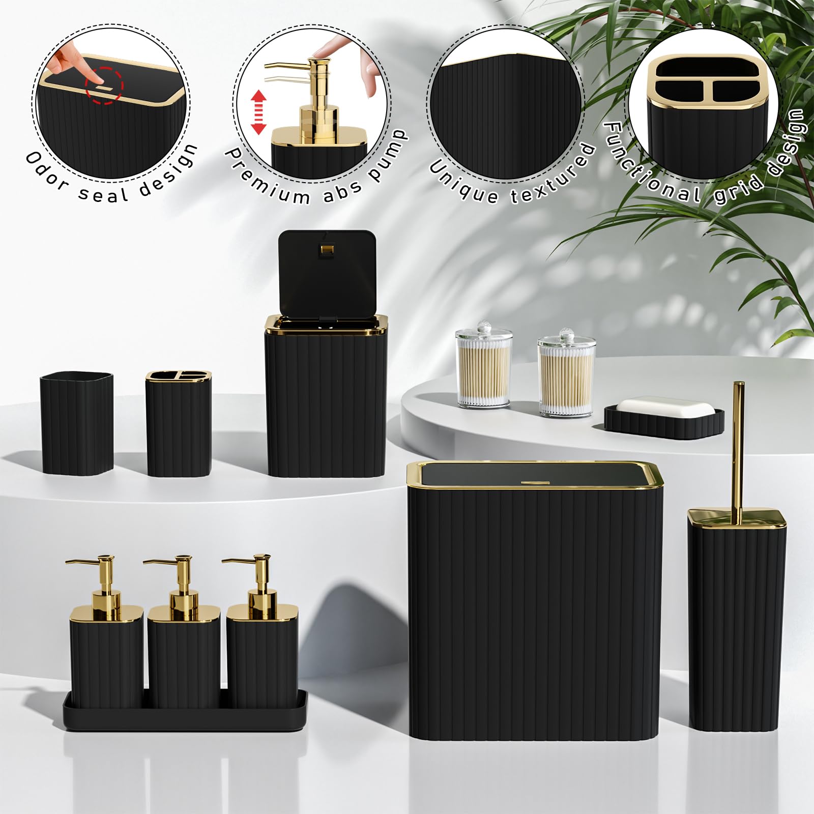 InnJoey Bathroom Accessory Set - Bathroom Set, 12PC Bathroom Accessories Set, Black Bathroom Accessories Set, Mini Trash Can, Toilet Brush, Trash Can & Soap Dispenser