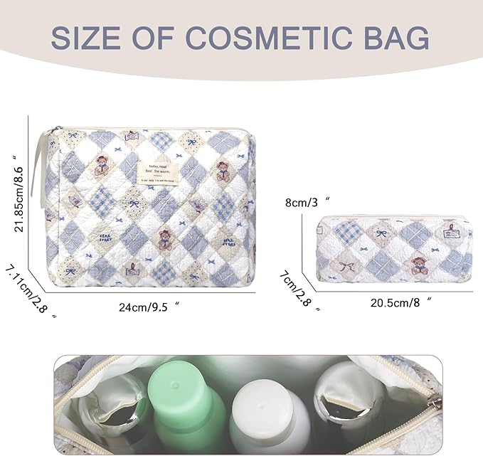 Gosect 2PC Makeup Bag Set, Cute Cosmetic Bag for Women Girls, Floral Coquette Aesthetic Toiletry Bag, Travel Make Up Organizer Bag (Argyle Bear)