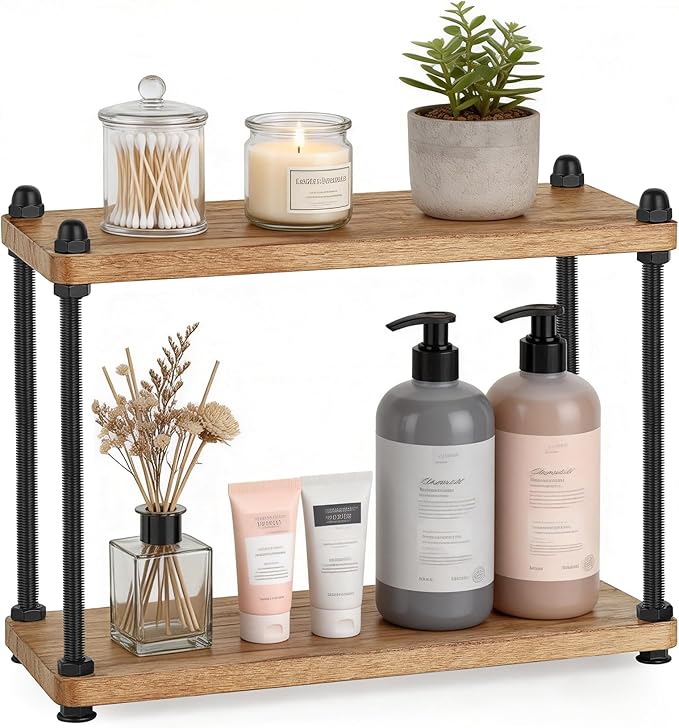 Mkono Bathroom Counter Organizer, 2 Tier Rustic Wood Countertop Sink Shelf