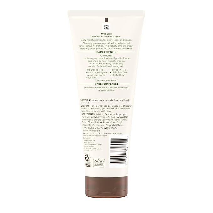 Aveeno Daily Moisturizing Cream Face, Hand, Body Moisturizer with Prebiotic Oat & Shea Butter, for Normal to Dry or Sensitive Skin, Hydrates for 48 Hours, Fragrance-Free & Non-Comedogenic, 7.5 Fl Oz