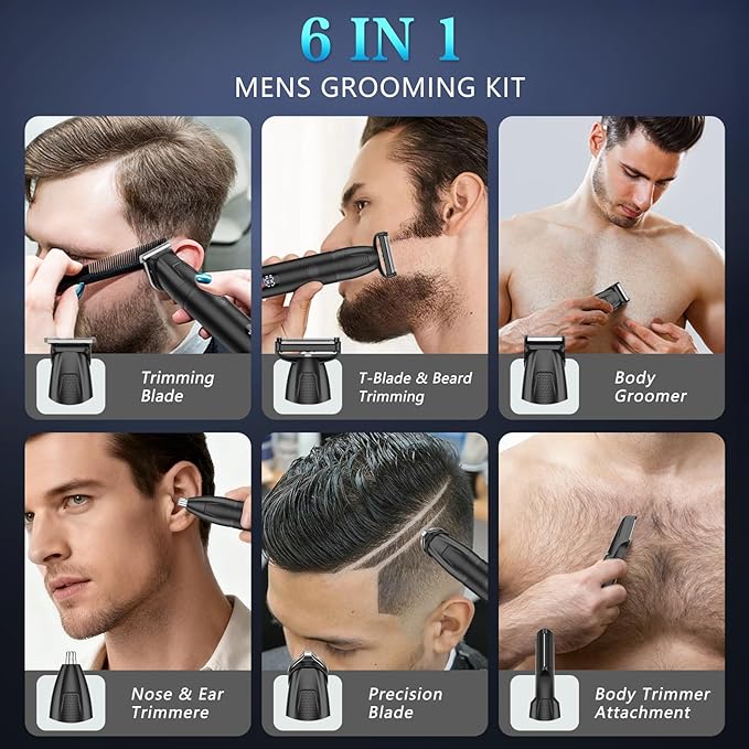Beard Trimmer for Men 6 in 1 Cordless Waterproof Electric Hair Clippers Mustache Body Face Trimmer All in One Grooming Kit with LED Display USB Rechargeable