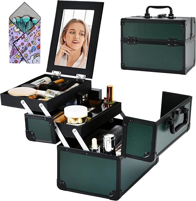 GALHUBIS Makeup Train Case, Portable Makeup Case with Mirror, 2-Trays Cosmetic Organizer Case,Nail Polish Organizer, Travel Makeup Box, Profesional for Salon Barber, Green