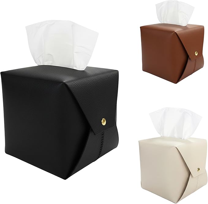 Frayot 3 PackTissue Box Cover Square, Faux Leather Tissue Holder Organizer with Side Snap for Bathroom, Vanity, Tabletop, Office (3Colors)