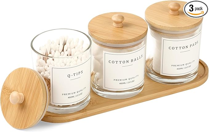 eggs sound 3 Pack Qtip Holder - Bathroom Organizers and Storage, Cotton Round Pad Swab Holder Dispenser Floss Pick Holder with Tray, Glass Apothecary Jars with Lids, Cotton Ball Container - Clear