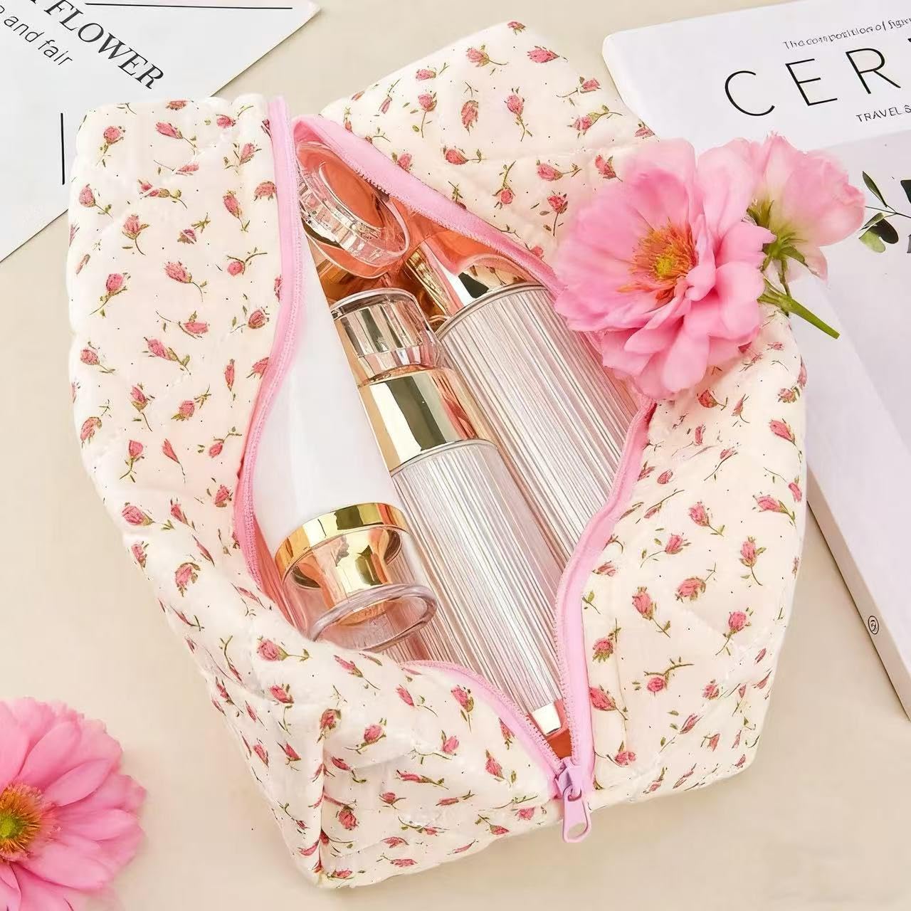 MZLUWM Floral Makeup Bag,Floral Quilted Makeup Pouch,Large Cosmetic Bag,Fashionable Travel Makeup Pouch, Cute Pink Makeup Bag,Puffy Coquette Make up Bag, Attractive Quilted Make up Bag