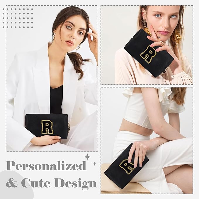 Personalized Initial A-Z Preppy Patch Makeup Bag,Small PU Chenille Letter Cosmetic Bag with Zipper for Teen Girls,Black Cute Toiletry Organizer Bag,Monogram Makeup Case Gift for Women Girls,Letter R