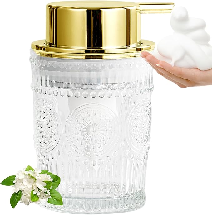 AZMOYAC Glass Foam Soap Dispenser, 8 Oz Face Wash Dispenser for Bathroom, Vintage Glass Clear Foaming Hand Soap Dispenser, Small Refillable Lotion Dish Dispenser for Kitchen (Golden-7 OZ)