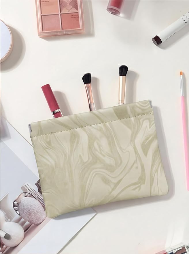 Ksriylm PU Leather Makeup Pouch Set for Women Small Make Up Bag for Purse Waterproof Initial Makeup Cosmetic Bags Pouches for Purse Aesthetic Travel Toiletry Bag,Elegant Wave Khaki