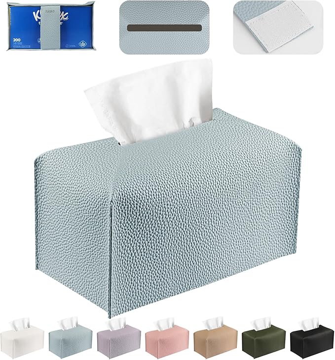PARIERIS Tissue Box Cover PU Leather Tissue Holder Rectangle Facial Tissue Case Tissue Box Organizer Dispenser for Bathroom, Kitchen, Home, Office, Tabletop (Blue, Short)