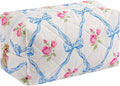 HHQQWZ Makeup Bag Travel Cosmetic Bag for Women Girls, Zipper Make Up Pouch, Floral Flowers Toiletry Organizer Makeup, Portable Storage Bag, Cosmetic Travel Cloth Bag (Blue Bowknot/Gold Zipper)