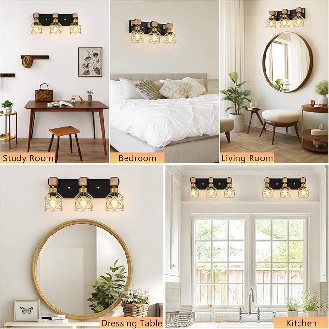 FadimiKoo Black and Gold Vanity Light, 3-Light Farmhouse Vanity Light, Bathroom Light Fixtures Over Mirror, Industrial Indoor Wall Mounted lamp for Bathroom, Living Room, Cabinet, Bedroom