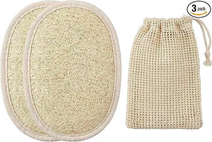 Natural Loofah Sponge Set with Soap Bag, Body Exfoliating Loofah Bath Scrubber for Shower, Shower Loofah for Women and Men, 3-pcs