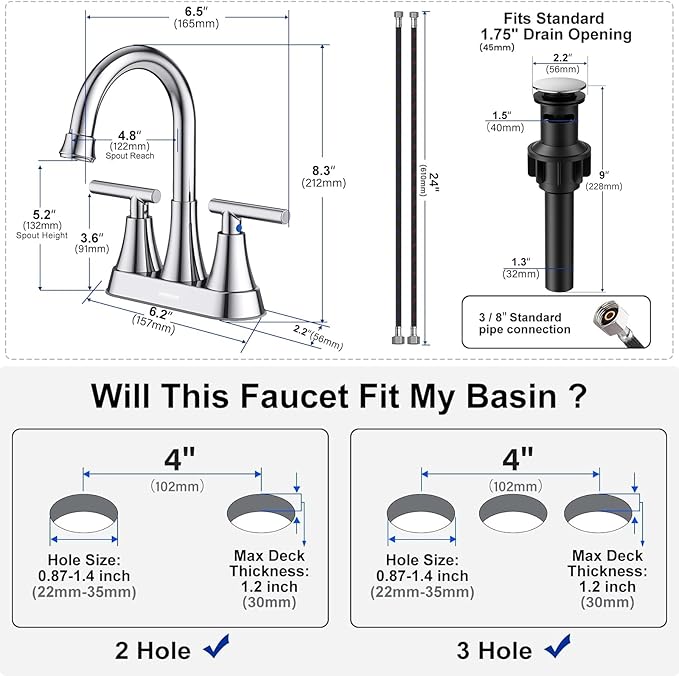 Bathroom Faucets for Sink 3 Hole, Hurran 4 inch Chrome Bathroom Sink Faucet with Pop-up Drain and Supply Hoses, Stainless Steel Lead-Free Centerset Utility Faucet for Vanity RV, 2 Pack