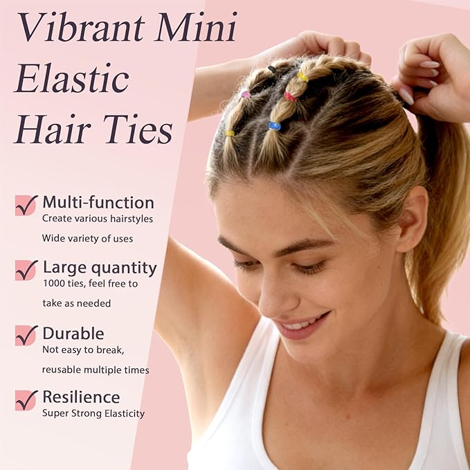 1000pcs Mini Hair Rubber Bands, Soft & Durable Plastic Elastic Hair Ties for Little Girls, Stretch Ponytail Ties for Kids Hairstyles and Braids
