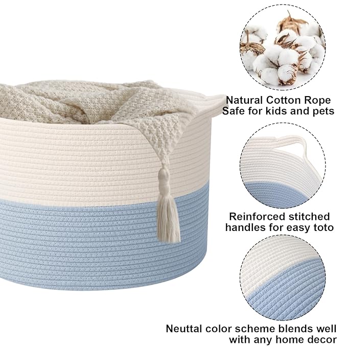 65L Large Blanket Basket,19.7" L x 19.7" W x 13" H Rope Woven Baskets with Handles, Toys Storage Bins,Laundry Basket Perfect for Living Room, Nursery,Bedroom,Home Organization,White&Blue
