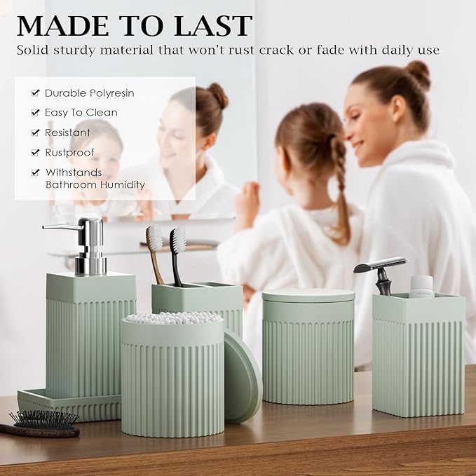 InnJoey Bathroom Accessories Set, 6-Piece Resin Green Bathroom Set with Toothbrush Holders, Soap Dispenser, Vanity Tray, Tumbler, Cotton Swab Jars, Modern Bathroom Organizer for Small Spaces