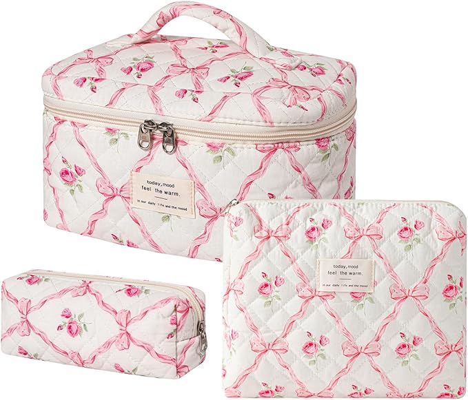 uekeboag 3Pcs Large Travel Quilted Makeup Bag for Women, Floral Cotton Cosmetic Bag, Coquette Aesthetic Floral Toiletry Organizer Bag(3Pcs PinkBow