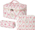 uekeboag 3Pcs Large Travel Quilted Makeup Bag for Women, Floral Cotton Cosmetic Bag, Coquette Aesthetic Floral Toiletry Organizer Bag(3Pcs PinkBow
