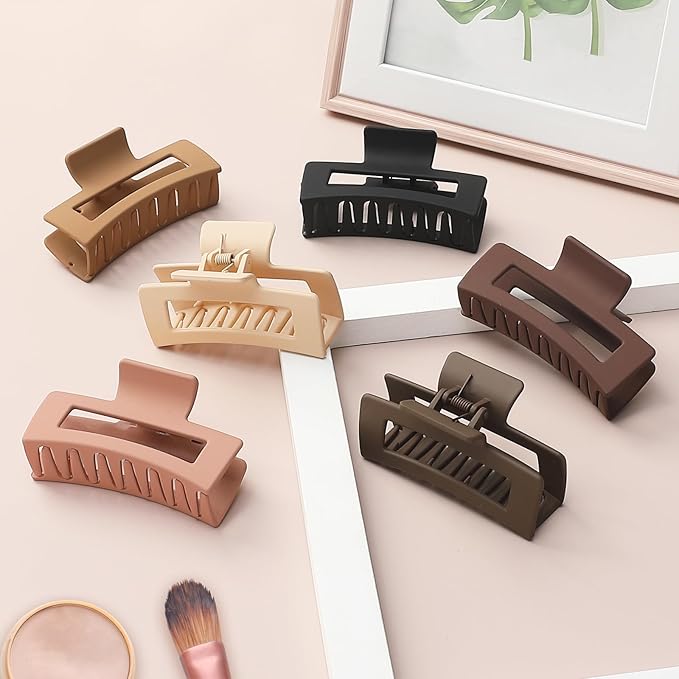 Sisiaipu Hair Clip, 3.5 Inch Medium Square Claw Clips Rectangle Clips 6 Pack Rubber Paint Acrylic Plastic Metal, Non-Slip Design for Women Girls - Coffee