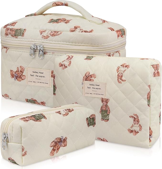 Gosect 3PC Makeup Bag Set, Quilted Makeup Bag Set, Large Floral Cosmetic Bag for Women, Cute Cotton Makeup Bags, Flower Travel Toiletry Organizer Bag (White Pink Bow Tie)