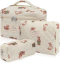 Gosect 3pc Makeup Bag Set, Quilted Makeup Bag Set, Large Floral Cosmetic Bag for Women, Cute Cotton Makeup Bags, Flower Travel Toiletry Organizer Bag (White Bear)