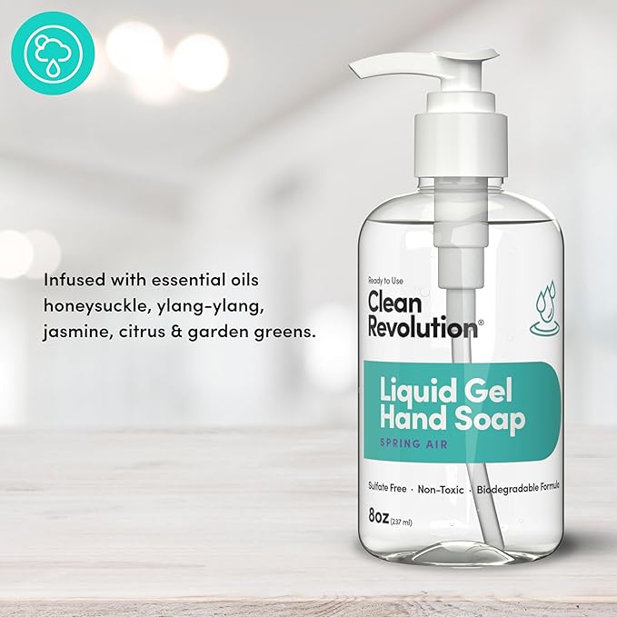 Clean Revolution Liquid Gel Hand Soap, Silky Rich Liquid, Quick Lather, Fast Rinsing, Contains Real Essential Oils (Spring Air) 8 Fl Oz