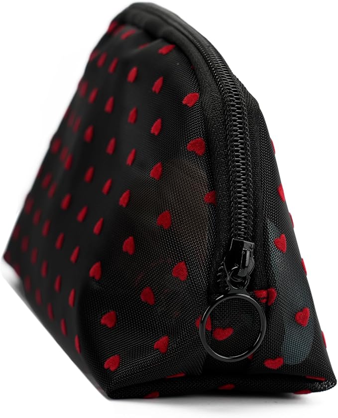 TOPASION Portable Mesh Makeup Bag with Zipper Small Travel Toiletry Bag Lightweight Cosmetic Pouch (Black&Red Heart Half Round)