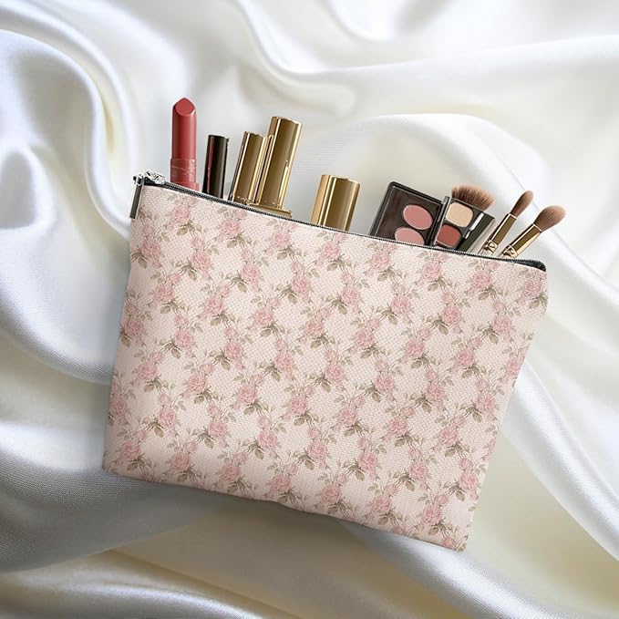 4pcs Pink Vintage Roses Floral Makeup Bag, Rose Gifts for Women Girl Sister