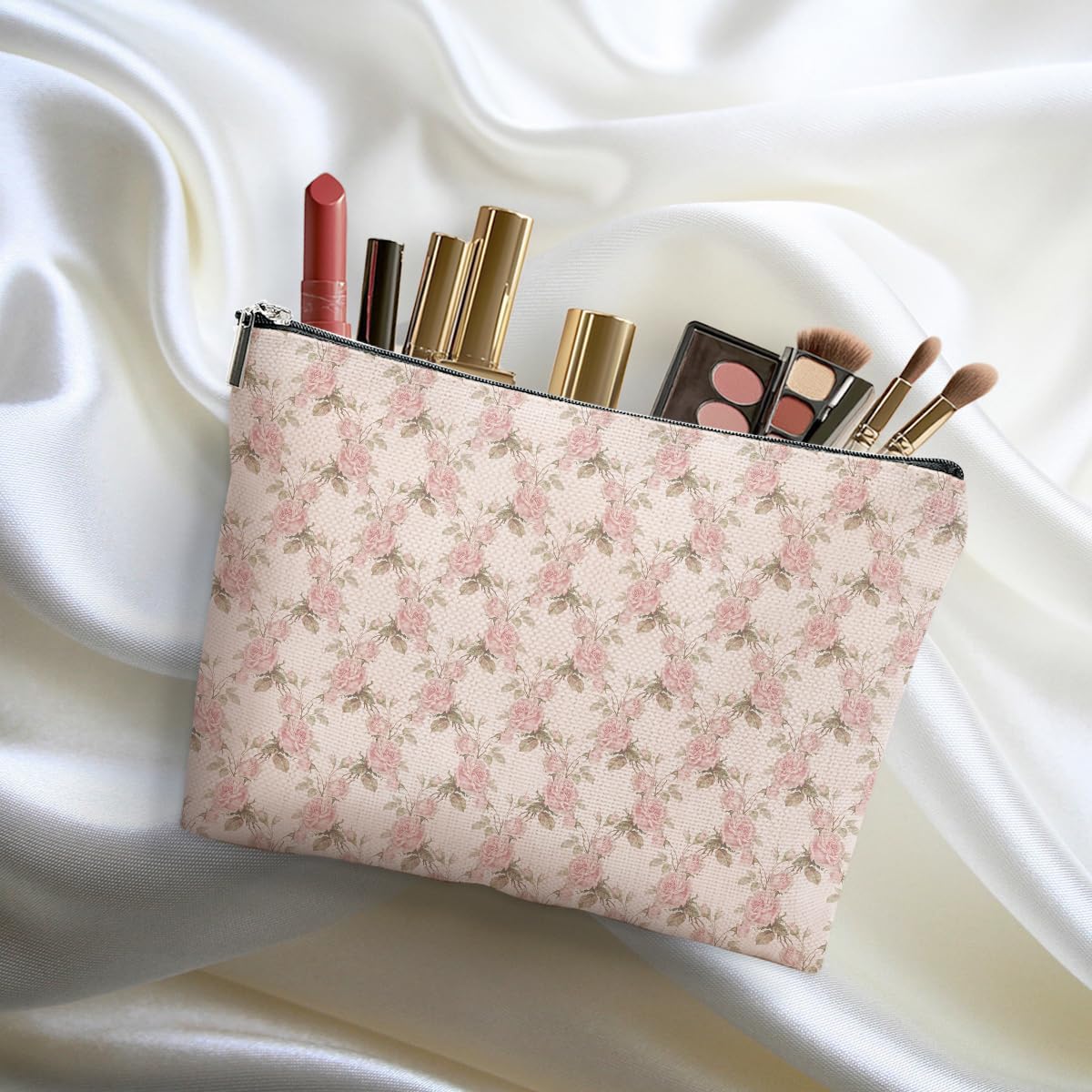 4pcs Pink Vintage Roses Floral Makeup Bag, Rose Gifts for Women Girl Sister