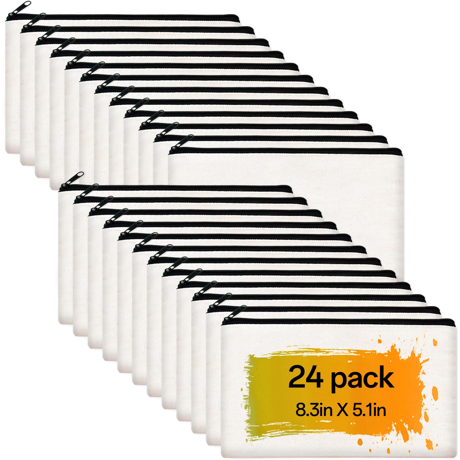 ZeeDix 24 Packs White Canvas Pouch- Multi-purpose Cosmetic Bag with Zipper, Blank DIY Craft Canvas Zipper Bags, Travel Toiletry Bag, Daily Storage Bag (8.3 x 5 inches)
