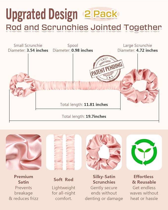 BONNET QUEEN 2 Pack Medium Satin Heatless Hair Curler for Medium to Long Thick Hair, Heatless Curls Overnight, Hair Curlers to Sleep In, Damage-Free Waves with Built-in Scrunchie, Cream Pink