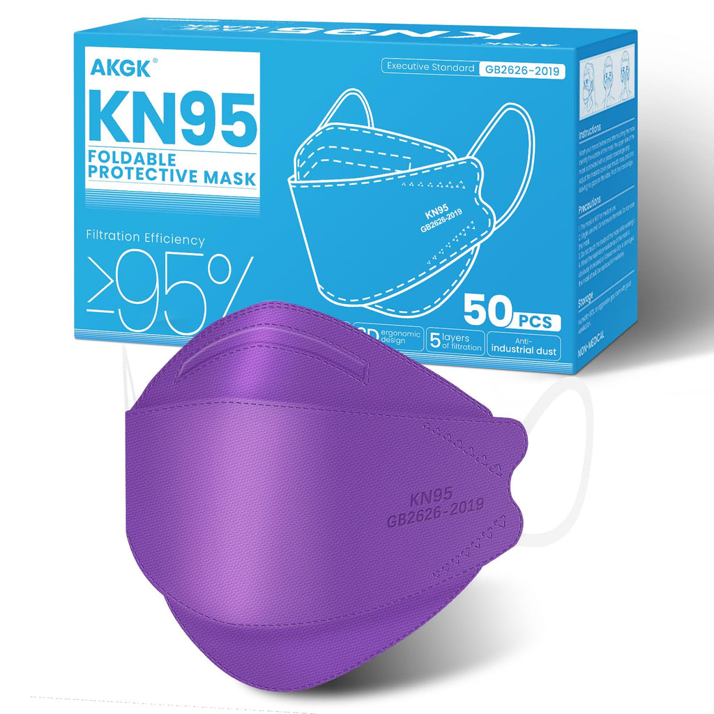 akgk KN95 Face Masks 50 Pack,5-Ply Disposable Purple Face Mask Against PM 2.5 Smoke and Dust