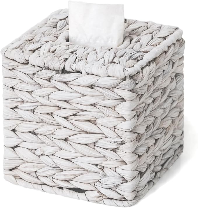 Tissue Box Cover, Square Wicker Tissue Box Holder Facial Tissues Boxes, Hand Woven Napkin Box Tissue Holder for Bathroom Bedroom Office Table Desk Night Stand, Boho Decorative, White
