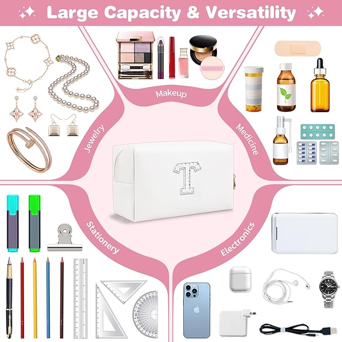 Bride Gifts – Personalized Initial Makeup Bag with Pearl Rhinestone Patch, Preppy White Monogram Cosmetic/Toiletry Pouch, bridesmaid Gifts, Bridal Shower Gifts, Wedding Gifts, Bridal Gifts,T