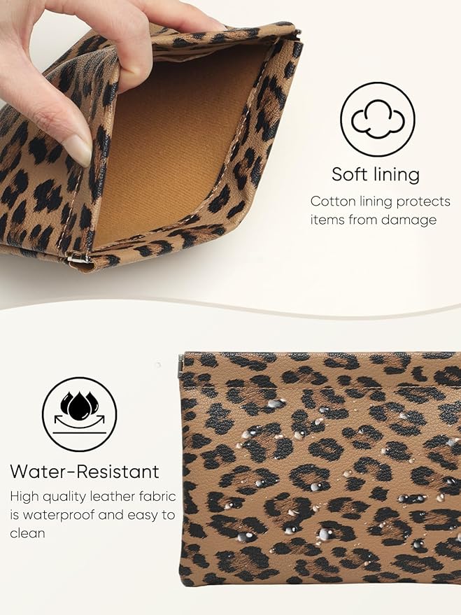 Ksriylm 2 Leopard Leather Small Makeup Pouches Set for Women,Cosmetic Accessories,Waterproof and Portable Cosmetic Bags,Self-closing,No Zipper, Aesthetic Storage Pouch,Lipstick for Purse, Brown