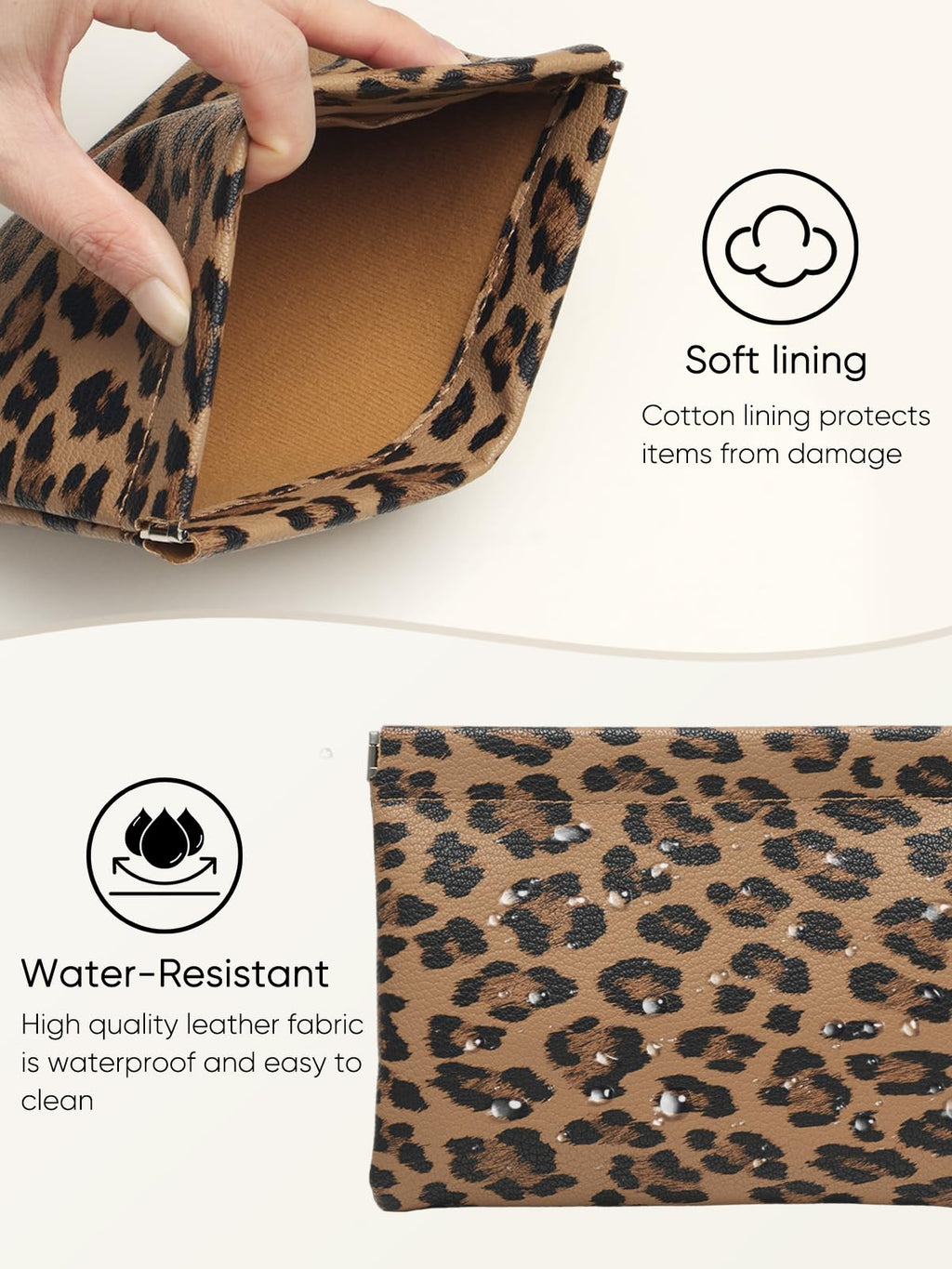 Ksriylm 2 Leopard Leather Small Makeup Pouches Set for Women,Cosmetic Accessories,Waterproof and Portable Cosmetic Bags,Self-closing,No Zipper, Aesthetic Storage Pouch,Lipstick for Purse, Brown