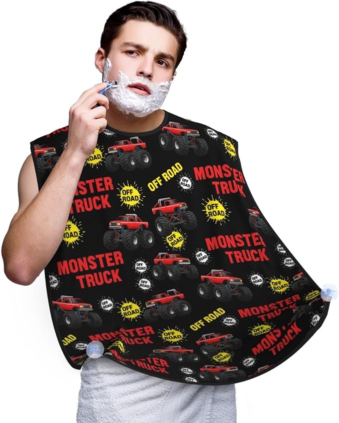 Beard Grooming Cape, Waterproof Hair Catcher for Shaving Trimming, Non-Stick Bib Apron Gifts for Dad Men, Red Monster Truck Car Shave Bib