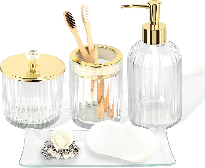 Designer Black Glass Bathroom Accessories Sets - 4 Pcs with Lotion Soap Dispenser, Bathroom Toothbrush Holder, Vanity Tray, and Apothecary Jar, Vintage Bathroom Decor, Gift Countertop Organizer