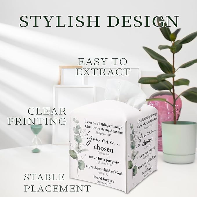 Inspirational Christian Tissue Box Cover Square, You are Chose Leather Tissue Box Holder, Religious Gifts for Women, Eucalyptus Paper Facial Tissue Box Covers Cube for Office Bathroom Home