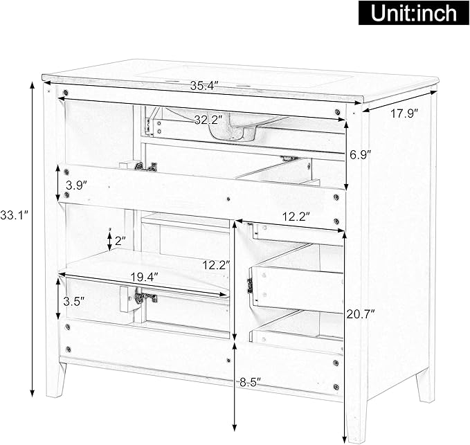 Harper & Bright Designs 36" Bathroom Vanity with Sink, Free Standing Vanity Set with 4 Drawers, Storage Racks, and Adjustable Shelf, Wood Bathroom Cabinet with Ceramic Basin for Bathroom, White
