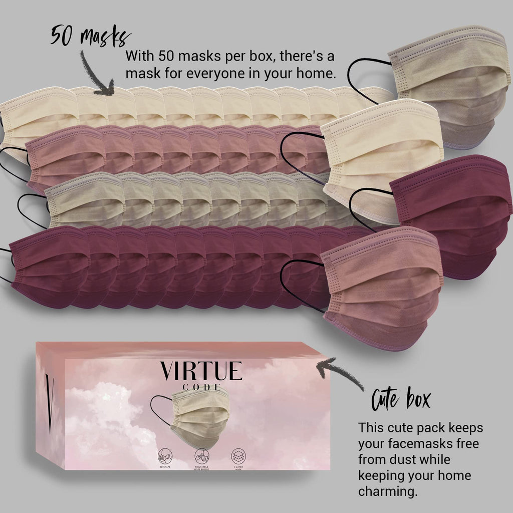VIRTUE CODE Support Face Masks - Soft 3 Ply Comfort Face Masks, Colorful Disposable Face Mask 50 Pack. Earth Tones Colored Masks. Adults Mens and Womens Disposable Face Masks