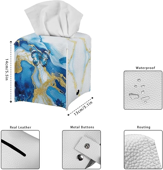 Blue Marble Butterfly Modern Tissue Box Holder, Waterproof Square PU Leather Napkin Case with Metal Button Closure, Decorative Tissue Cover Organizer for Vanity, Desk, Car, and Living Room