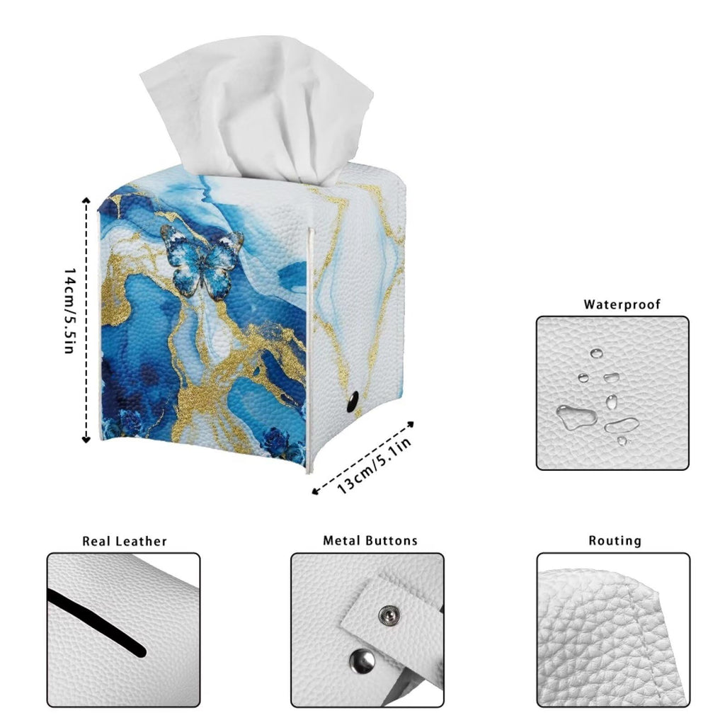 Pzuqiu Blue Marble Butterfly Modern Tissue Box Holder, Waterproof Square PU Leather Napkin Case with Metal Button Closure, Decorative Tissue Cover Organizer for Vanity, Desk, Car, and Living Room