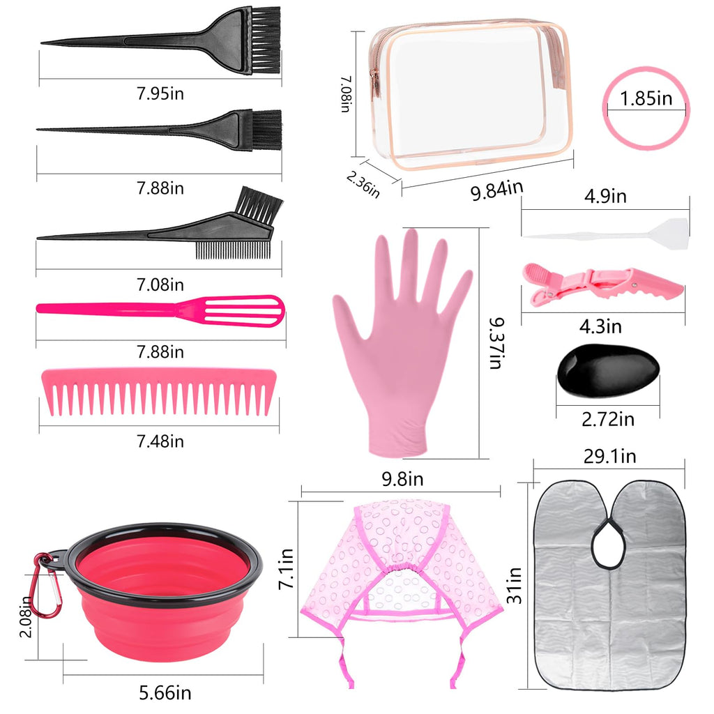 32 Pcs Hair Dye Coloring Kit,Hair Dye Tools for DIY Salon.Hair Dye Brush and Bowl Set/Highlighting Frosting Cap with Plastic Hooks/Dye Brush/Ear Cover/Gloves/Comb/Hairpin/Hair Coloring Cape(Pink)