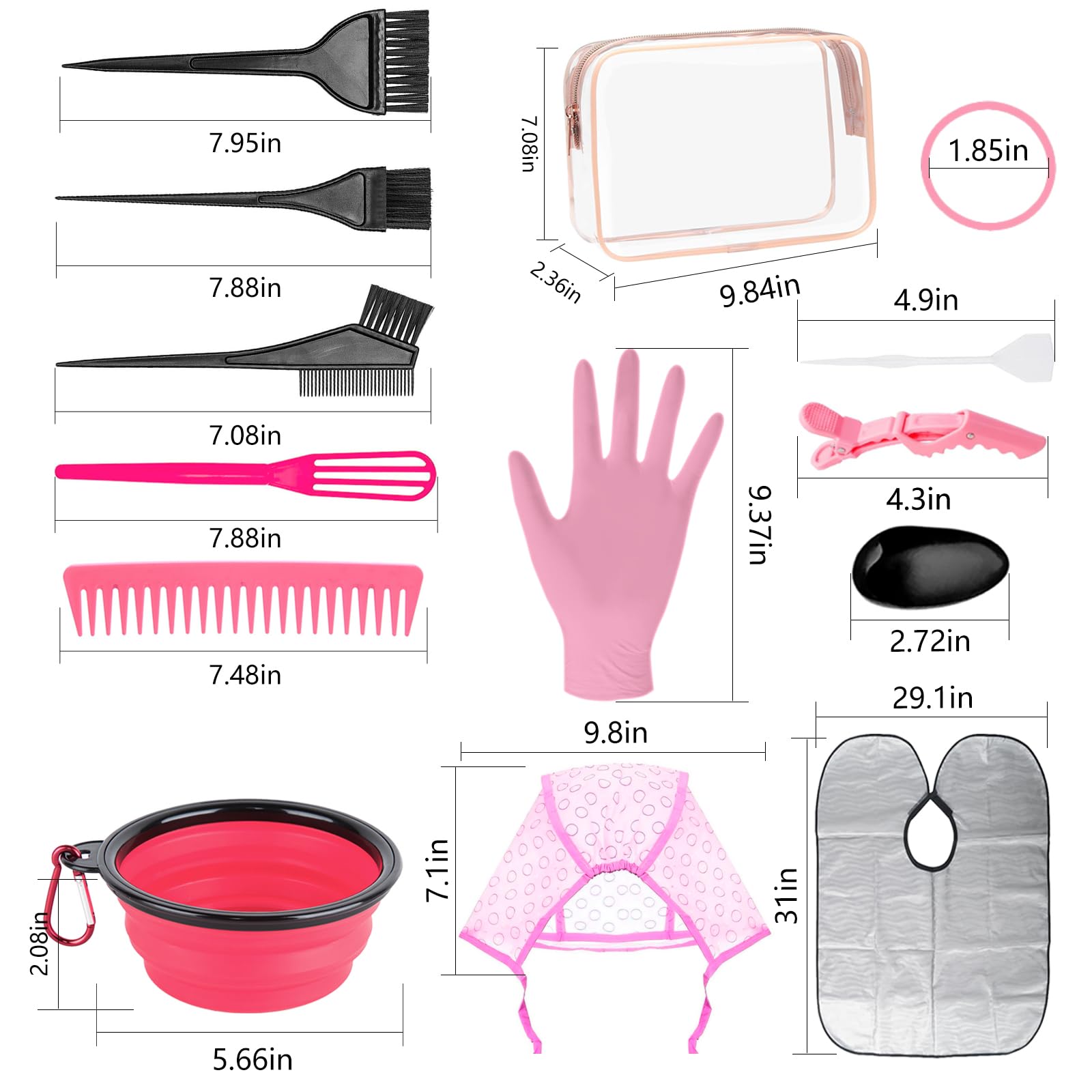 32 Pcs Hair Dye Coloring Kit,Hair Dye Tools for DIY Salon.Hair Dye Brush and Bowl Set/Highlighting Frosting Cap with Plastic Hooks/Dye Brush/Ear Cover/Gloves/Comb/Hairpin/Hair Coloring Cape(Pink)