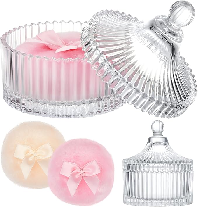 Tioncy 3 Pcs Large Body Powder Puff and Container Valentine's Day gift Powder Container with Puff Crystal Case Soft Washable Reusable Velour Face Body Glitter Wet Dry Makeup (Classic,Clear)