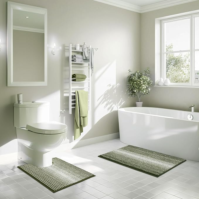 Bathroom Rugs Sets 2 Piece, Toilet Rugs U-Shaped, Contour Bath Mat Set for Toilet Bathroom, Soft Absorbent Chenille Bath Carpet, Quickly Dry, Washable (Sage, 32" x 20" + 24" x 20")