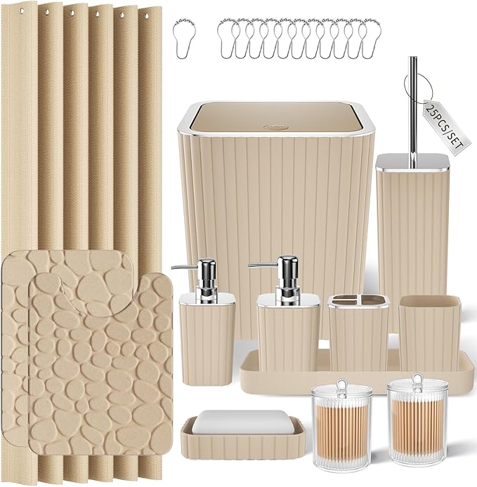 XLHOMO Bathroom Accessory Set - 25PC Green Bathroom Sets, Bathroom Set with Shower Curtain and Rugs, Dark Green Shower Curtain Set, Trash Can, Qtip Holder & Soap Dispenser